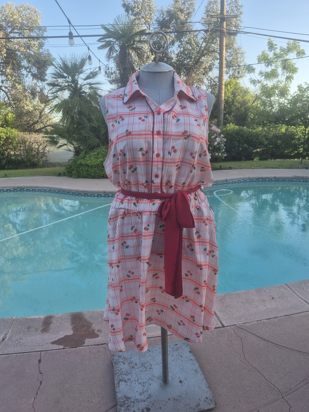 Unique Vintage Pink Plaid Cherry Print Sleeveless Shirt Dress with Red Waist Tie